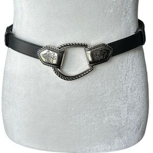 Chico’s black leather & silver engraved  buckle mid western style belt size M/L